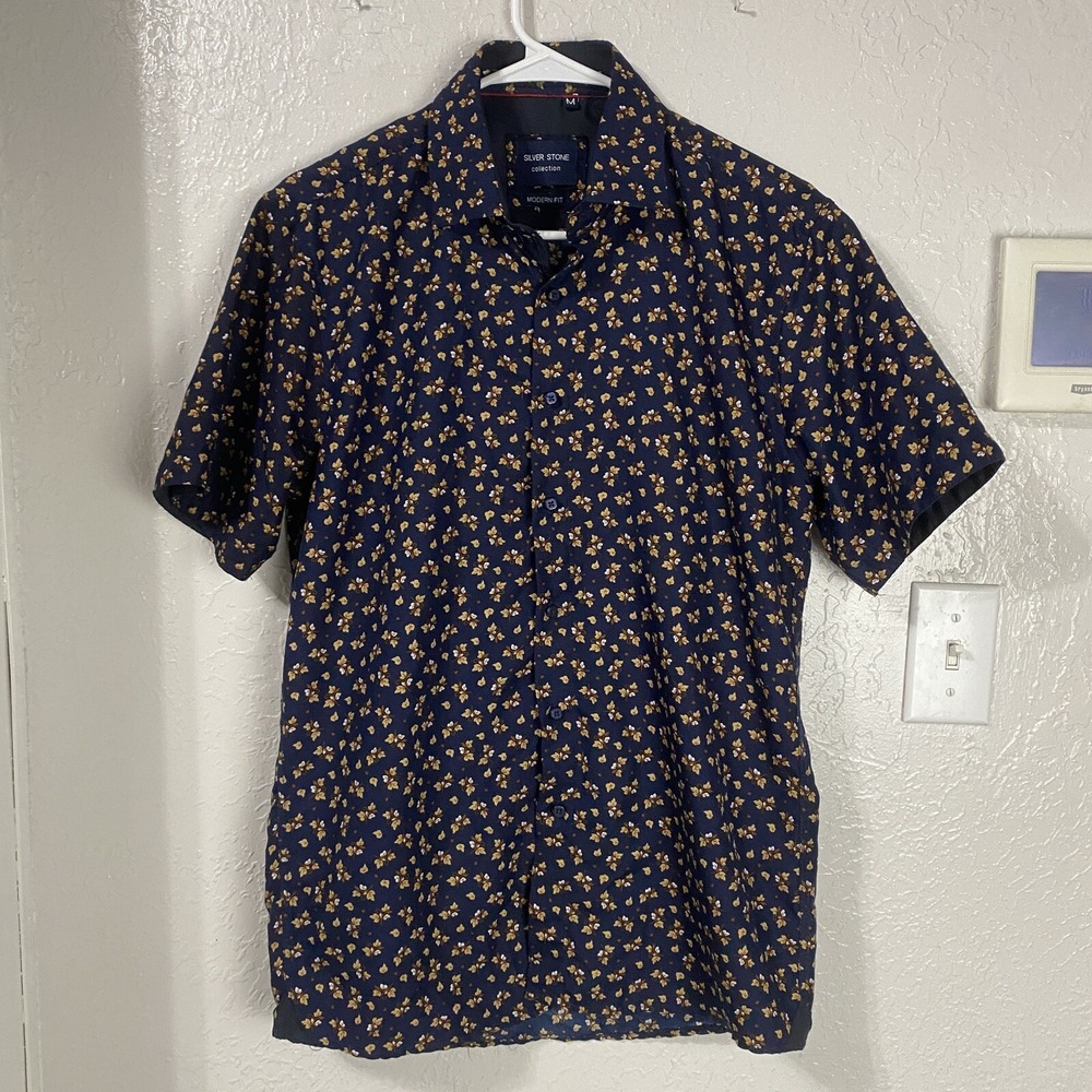 Silver Stone Collection Modern Fit Short Sleeve Blue Floral Button Down Sz Med